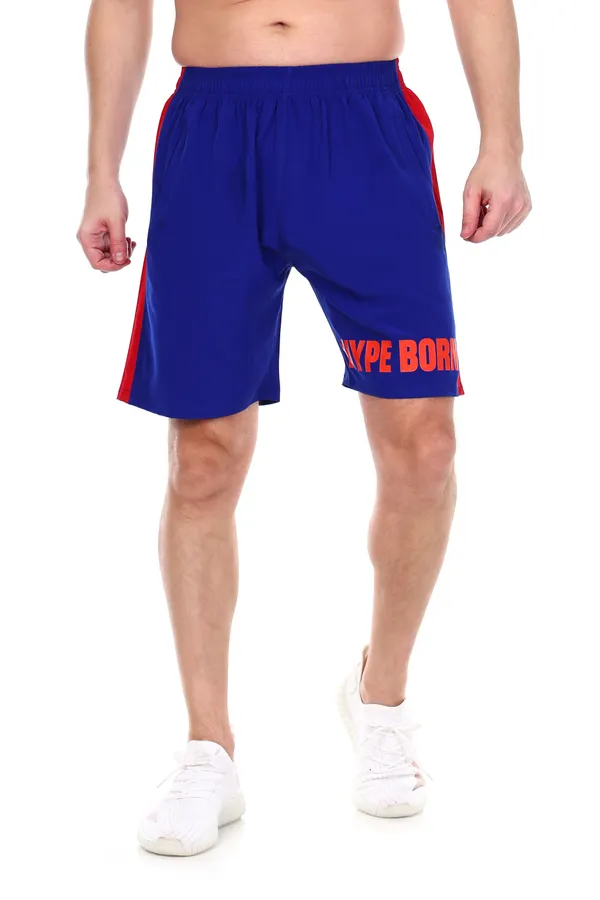 HYPE_BORN_Royal_Blue_&_Red_Typography_Printed_On_Hem_Light_Weight_Shorts_with_Side_Stripe