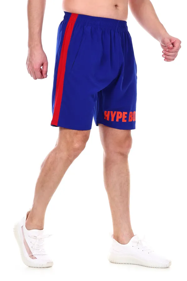 HYPE_BORN_Royal_Blue_&_Red_Typography_Printed_On_Hem_Light_Weight_Shorts_with_Side_Stripe