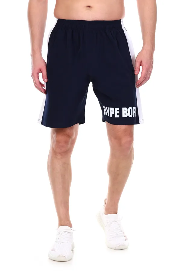 HYPE_BORN_Navy_&_White_Typography_Printed_On_Hem_Light_Weight_Shorts_with_Side_Stripe