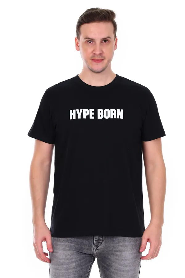 HYPE_BORN_Black_Round_Neck_Casual_Cotton_T-Shirt_With_White_Typography_Print