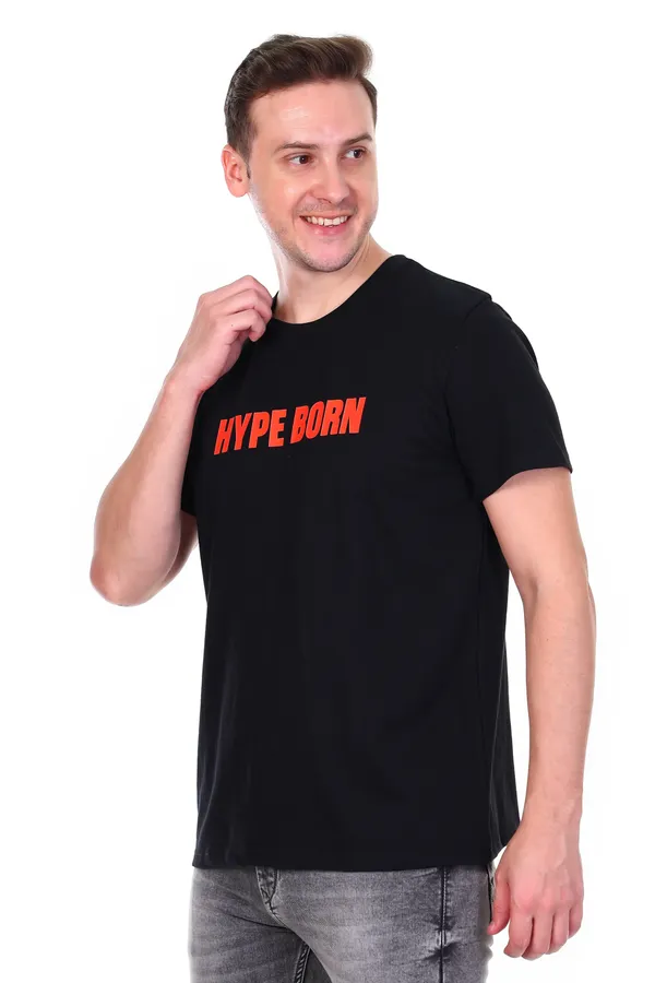 HYPE_BORN_Black_Typography_Print_Round_Neck_Casual_Cotton_T-Shirt