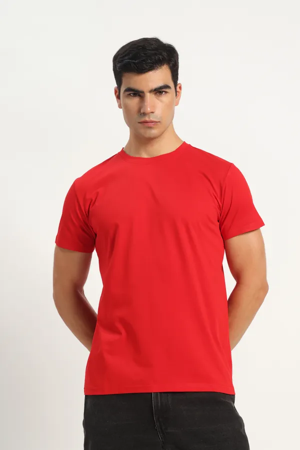 HYPE_BORN_Red_Casual_Solid_Cotton_Round_Neck_T_Shirt