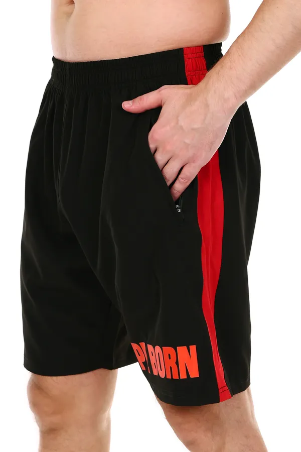 HYPE_BORN_Black_&_RedTypography_Printed_On_Hem_Light_Weight_Shorts_with_Side_Stripe