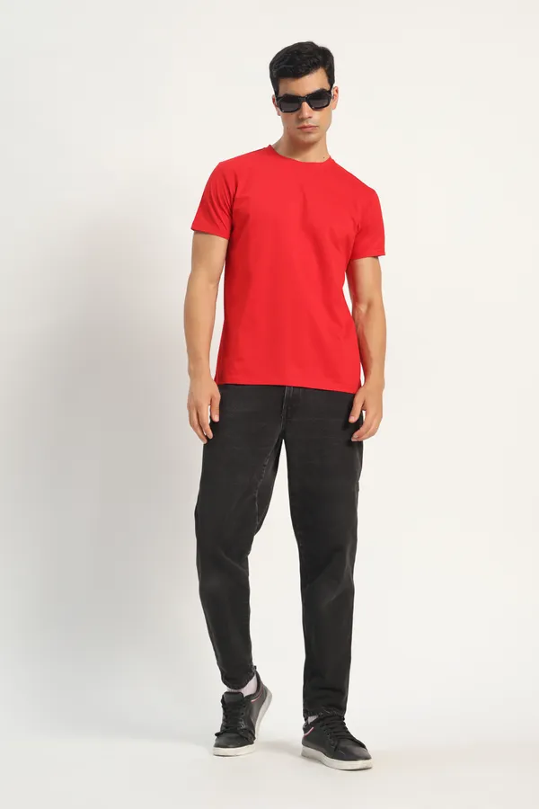 HYPE_BORN_Red_Casual_Solid_Cotton_Round_Neck_T_Shirt