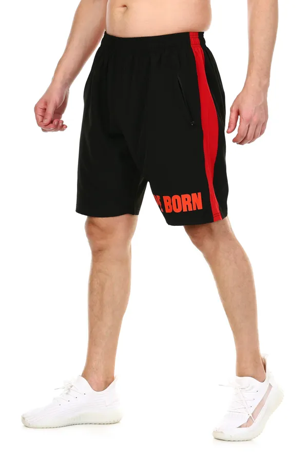 HYPE_BORN_Black_&_RedTypography_Printed_On_Hem_Light_Weight_Shorts_with_Side_Stripe
