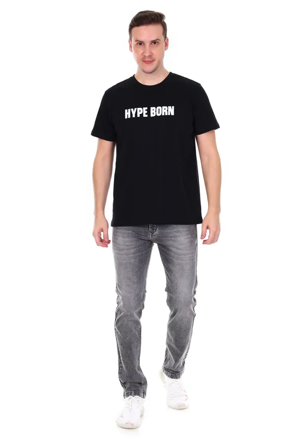 HYPE_BORN_Black_Round_Neck_Casual_Cotton_T-Shirt_With_White_Typography_Print
