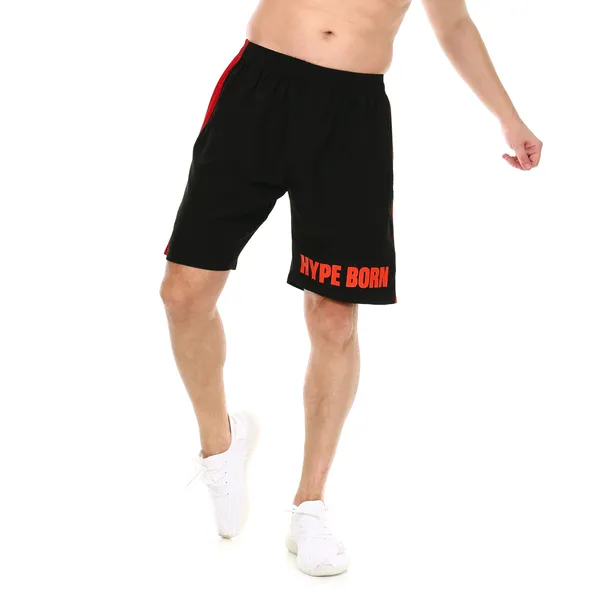 HYPE_BORN_Black_&_RedTypography_Printed_On_Hem_Light_Weight_Shorts_with_Side_Stripe