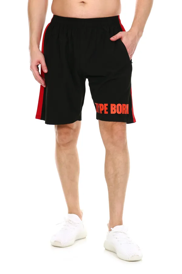 HYPE_BORN_Black_&_RedTypography_Printed_On_Hem_Light_Weight_Shorts_with_Side_Stripe