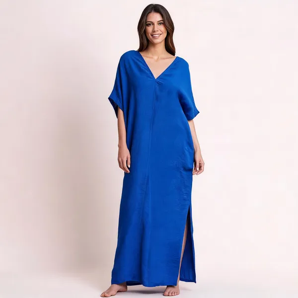 Royal_Blue_Linen_Relaxed_Fit_V-Neck_Maxi_Dress_For_Women