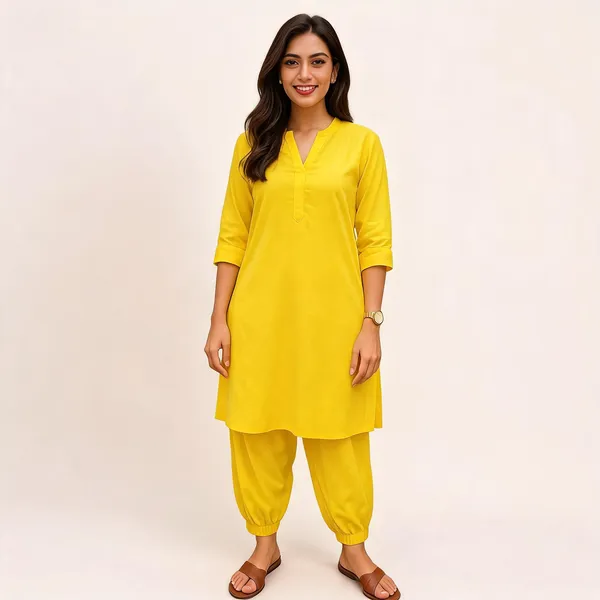 Yellow_Cotton_A-Line_Kurta_Pant_Set_For_Women