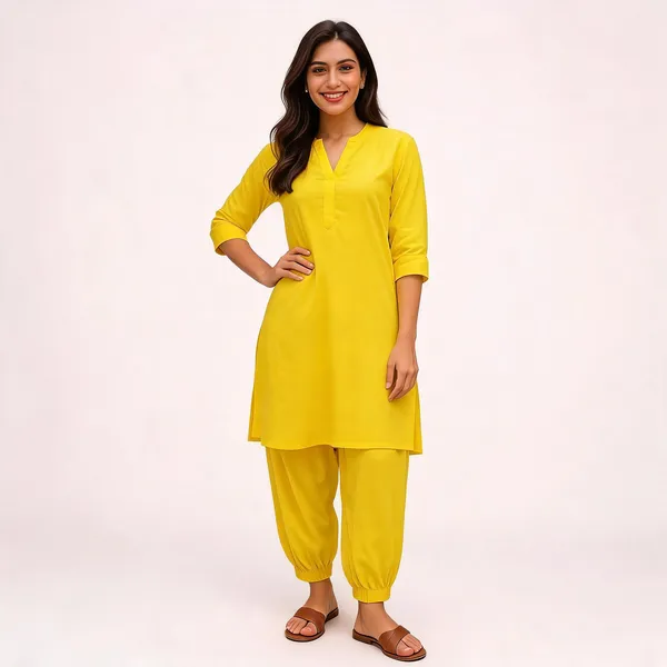 Yellow_Cotton_A-Line_Kurta_Pant_Set_For_Women