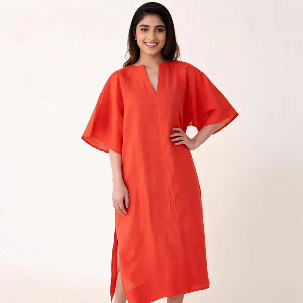 Orange_Linen_Kaftan_Style_Midi_Dress_For_Women