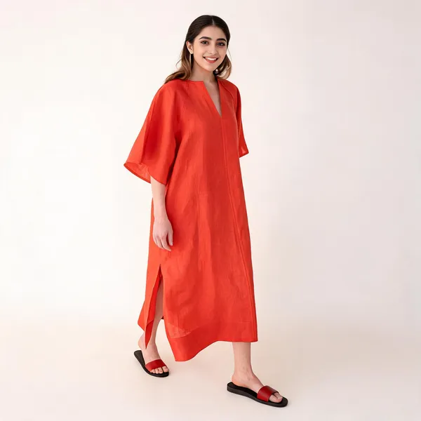 Orange_Linen_Kaftan_Style_Midi_Dress_For_Women