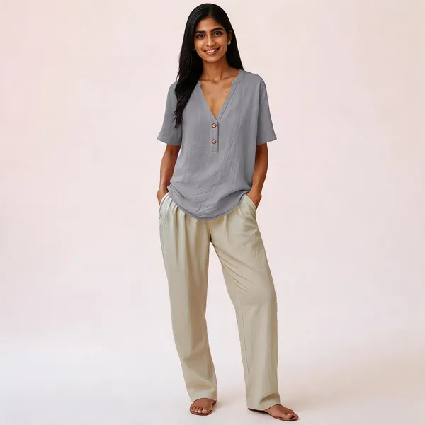 Grey_Linen_Relaxed_Fit_V-Neck_Short_Sleeve_Top_For_Women