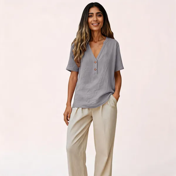 Grey_Linen_Relaxed_Fit_V-Neck_Short_Sleeve_Top_For_Women