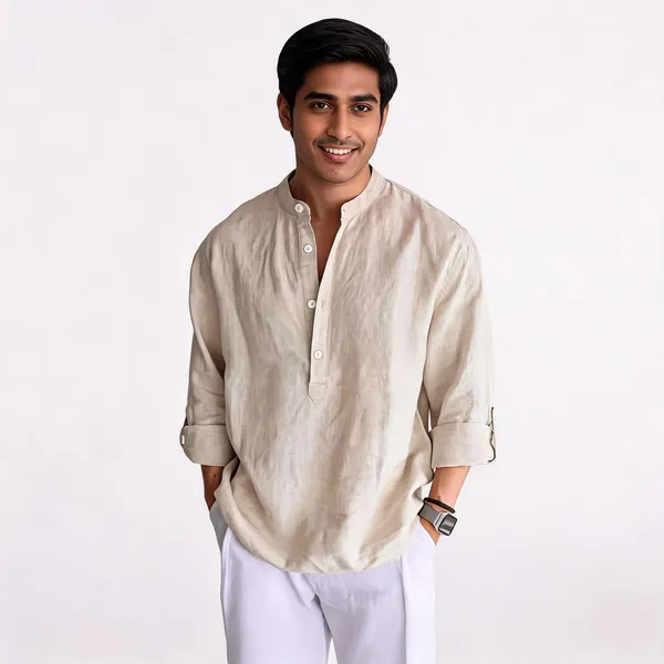 Beige_Linen_Mandarin_Collar_Kurta_For_Men