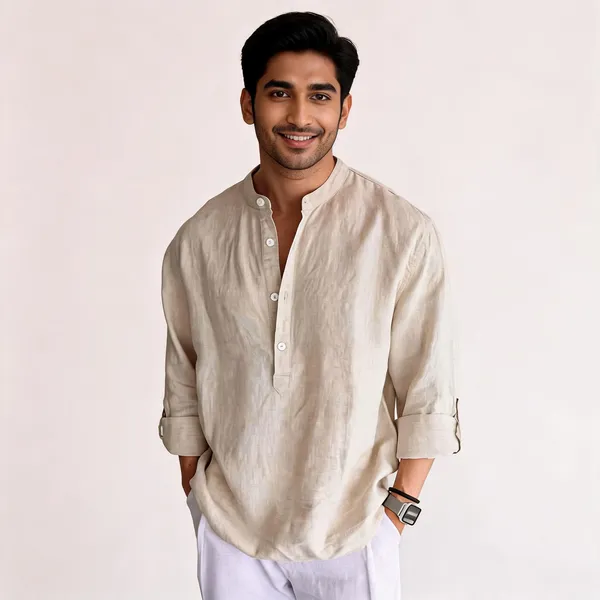 Beige_Linen_Mandarin_Collar_Kurta_For_Men