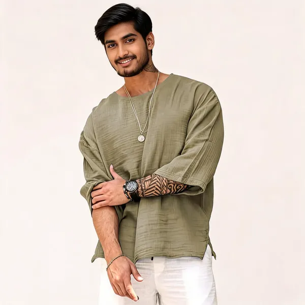 Olive_Green_Cotton_Blend_Relaxed_Fit_Kurta_For_Men
