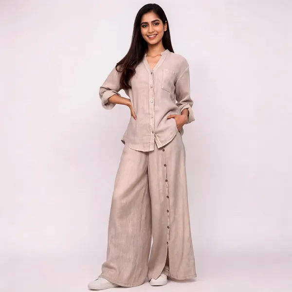 Beige_Linen_Relaxed_Fit_Shirt_And_Palazzo_Co-Ord_Set_For_Women