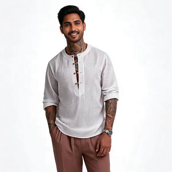 White_Linen_Relaxed_Fit_Half_Placket_Kurta_For_Men