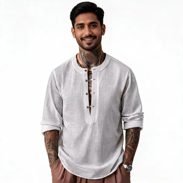White_Linen_Relaxed_Fit_Half_Placket_Kurta_For_Men