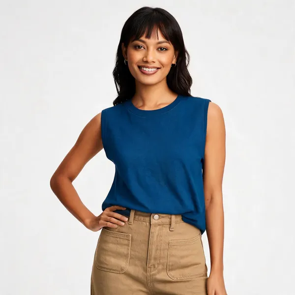 Blue_Cotton_Sleeveless_Round_Neck_Top_For_Women