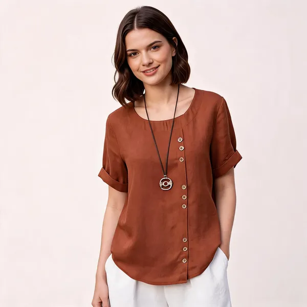 Rust_Brown_Linen_Relaxed_Fit_Button_Detail_Short_Sleeve_Top_For_Women