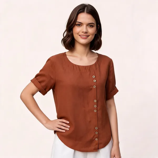 Rust_Brown_Linen_Relaxed_Fit_Button_Detail_Short_Sleeve_Top_For_Women