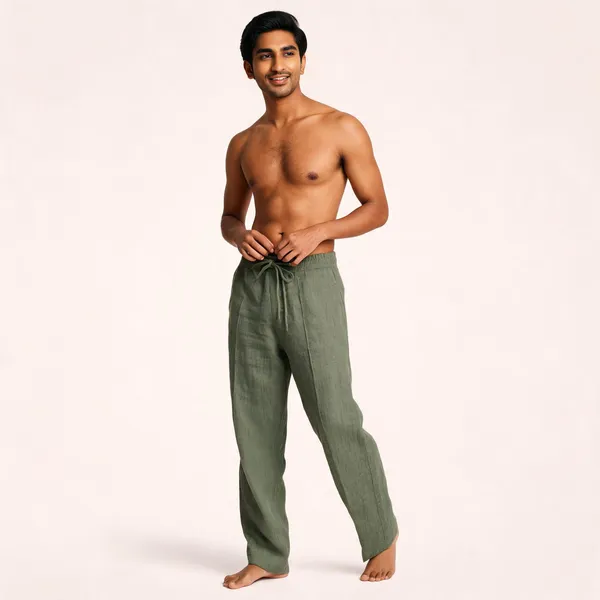 Olive_Green_Linen_Blend_Relaxed_Fit_Drawstring_Lounge_Pants_For_Men