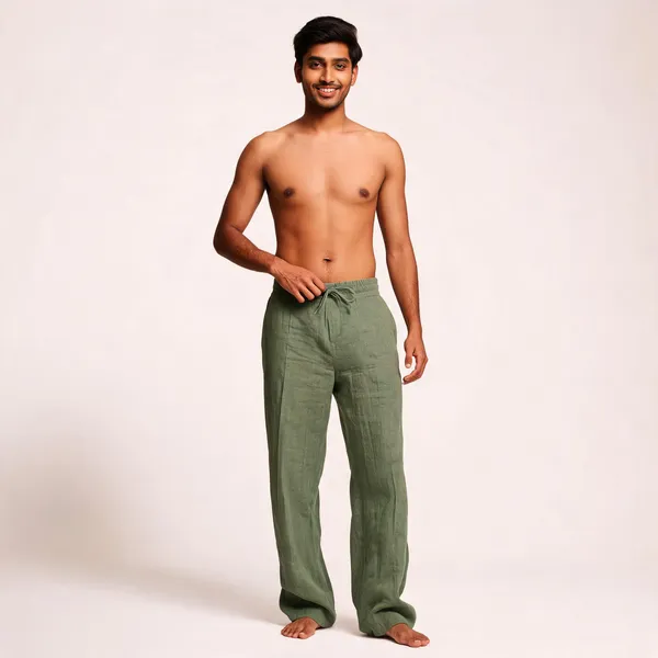 Olive_Green_Linen_Blend_Relaxed_Fit_Drawstring_Lounge_Pants_For_Men