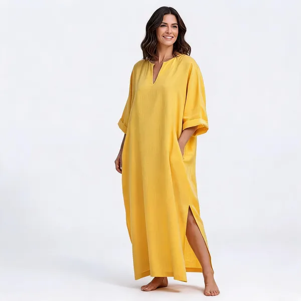 Yellow_Linen_Oversized_Maxi_Dress_With_Pockets_For_Women