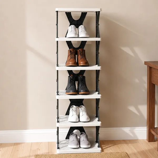 White_Plastic_5-Tier_Vertical_Shoe_Rack_For_Entryway