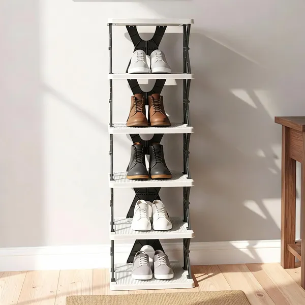 White_Plastic_5-Tier_Vertical_Shoe_Rack_For_Entryway