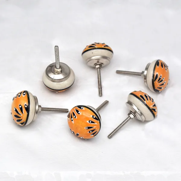 Ceramic_Artisan_Orange_Black_White_Hand_Painted_Floral_Round_Knobs