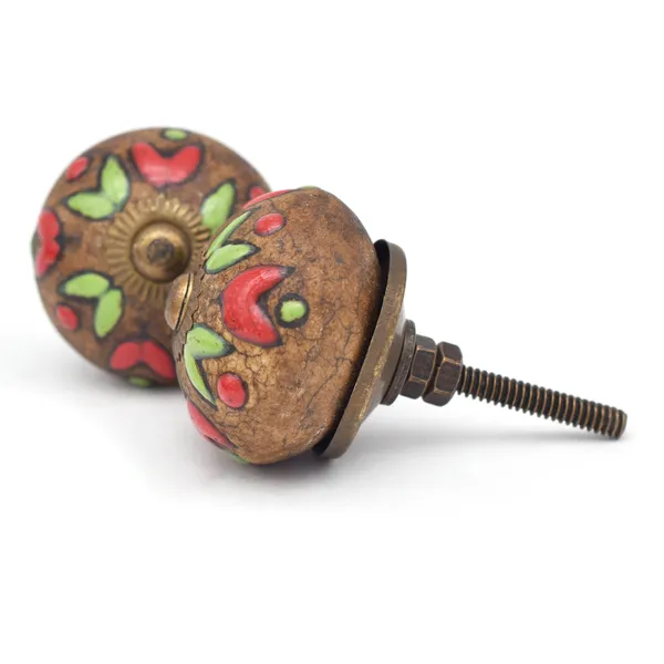 Ceramic_Artisan_Brown_Red_Green_Hand_Painted_Floral_Round_Knobs