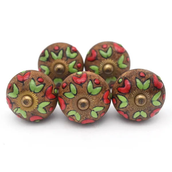 Ceramic_Artisan_Brown_Red_Green_Hand_Painted_Floral_Round_Knobs