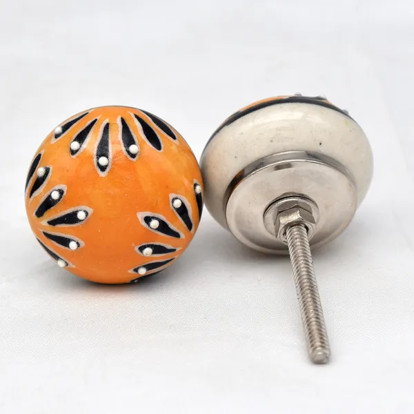 Ceramic_Artisan_Orange_Black_White_Hand_Painted_Floral_Round_Knobs