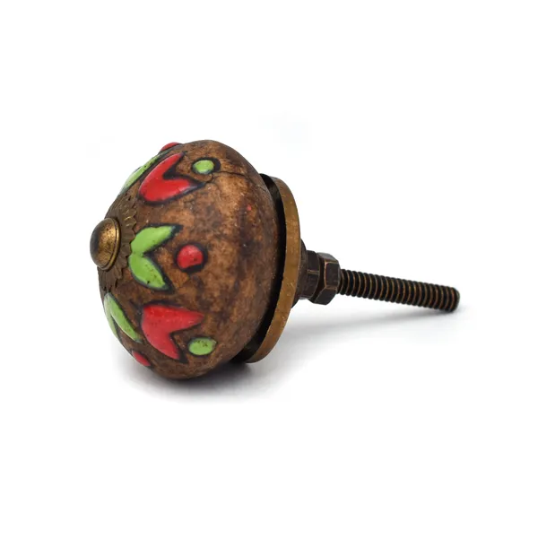 Ceramic_Artisan_Brown_Red_Green_Hand_Painted_Floral_Round_Knobs