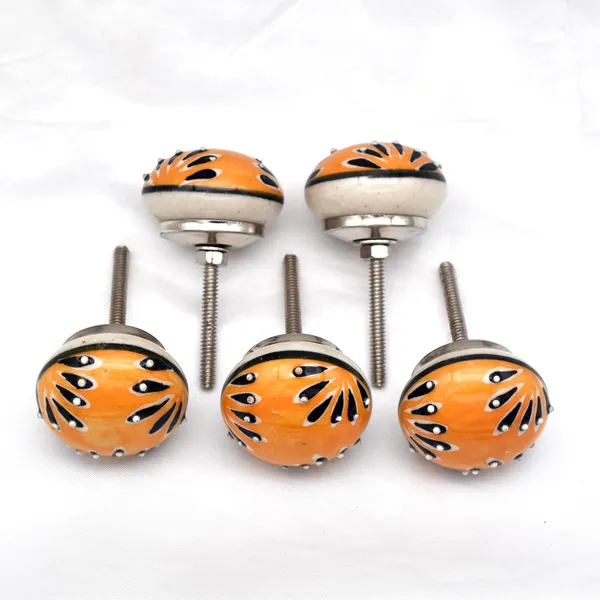 Ceramic_Artisan_Orange_Black_White_Hand_Painted_Floral_Round_Knobs