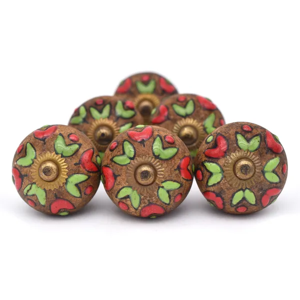 Ceramic_Artisan_Brown_Red_Green_Hand_Painted_Floral_Round_Knobs