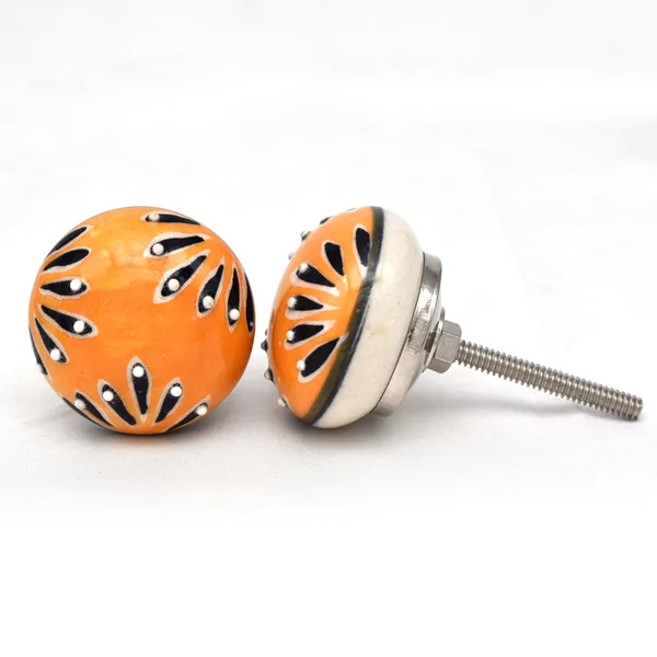 Ceramic_Artisan_Orange_Black_White_Hand_Painted_Floral_Round_Knobs