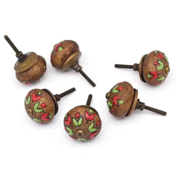 Ceramic_Artisan_Brown_Red_Green_Hand_Painted_Floral_Round_Knobs