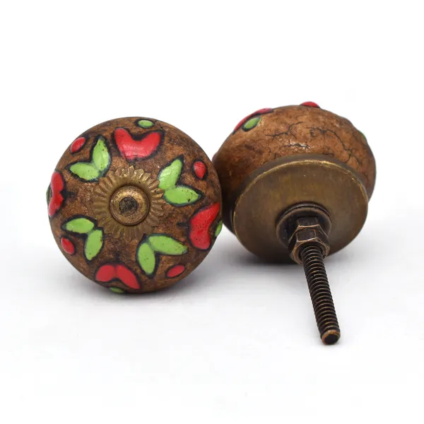 Ceramic_Artisan_Brown_Red_Green_Hand_Painted_Floral_Round_Knobs