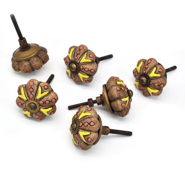 Ceramic_Rustic_Brown_Yellow_Floral_Hand_Painted_Door_Knobs