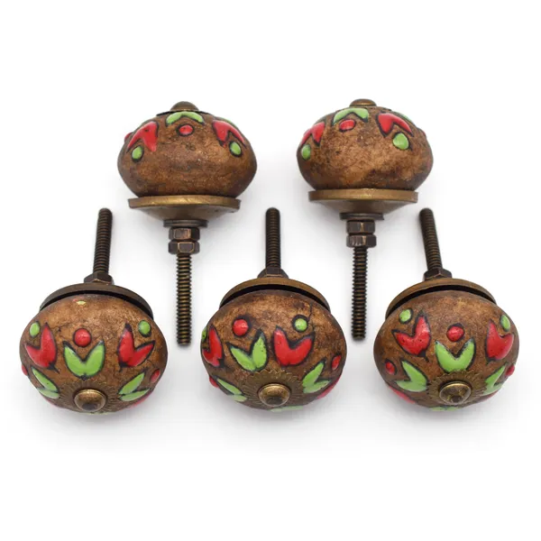 Ceramic_Artisan_Brown_Red_Green_Hand_Painted_Floral_Round_Knobs