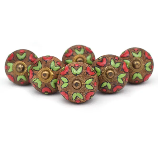 Ceramic_Artisan_Brown_Red_Green_Hand_Painted_Floral_Round_Knobs