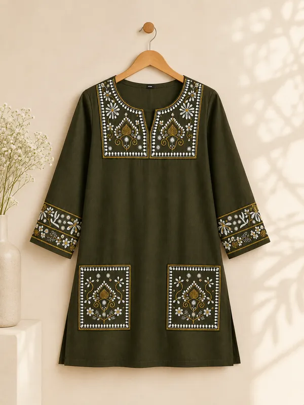 Olive_Green_Cotton_Embroidered_Ethnic_Short_Kurti_For_Women