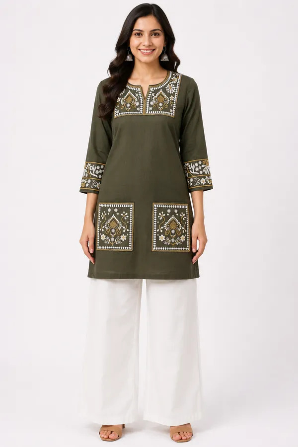 Olive_Green_Cotton_Embroidered_Ethnic_Short_Kurti_For_Women