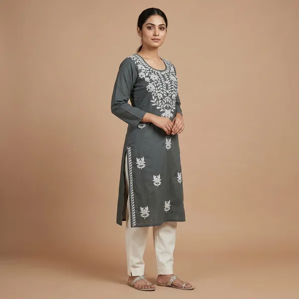 Grey_Cotton_Embroidered_Short_Kurti_For_Women