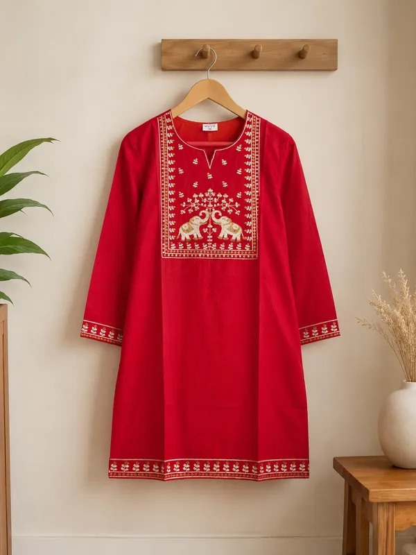 Red_Cotton_Embroidered_Short_Kurti_For_Women